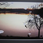 Digital image of birds by a lake with speech bubbles.