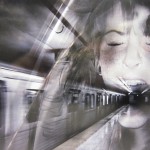 A digital image of a subway train and platform with an overlay of a woman's head screaming.