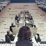 An art peice where there is a repetition of images where people are sitting at office cubicles facing each other, with the backside of a single person standing in the foreground and a wall of text in the background